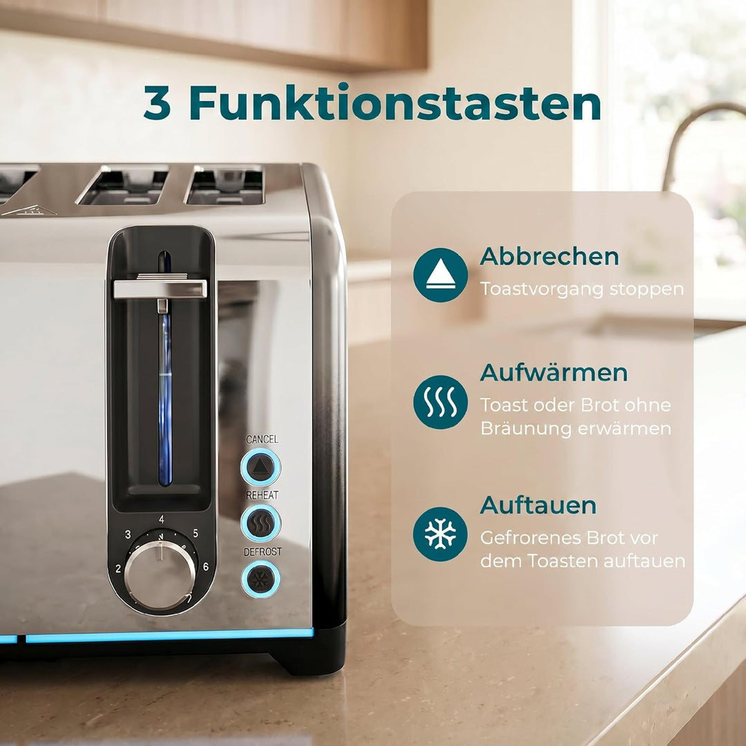 HOMCOM Toaster 4-Scheiben mit 7 Bräunungsstufen, Aufwärm-, Auftau- und Abbruchfunktion, selbstzentri
