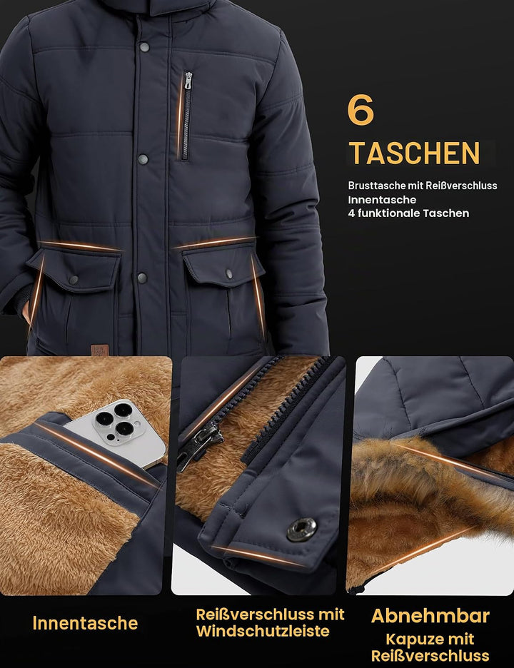 Herren Winter Parka Jacke Winddicht Outdoor Warme Fleecejacke Freizeit Übergangsjacke Wasserabweisen