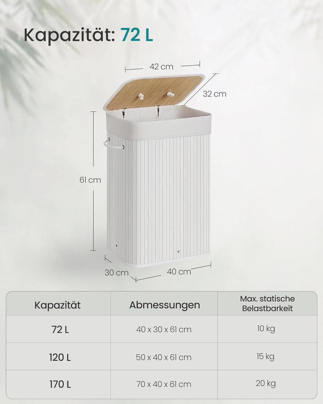 SONGMICS Wäschekorb mit Deckel, 72 l, Wäschekorb aus Bambus, faltbar, mit abnehmbarem waschbarem Wäs