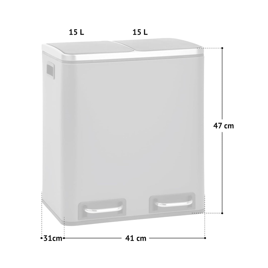 SVITA TM2X15 Treteimer 30 Liter Grau Abfalleimer Mülleimer Design Mülltrennung Papierkorb Küchen-Ord