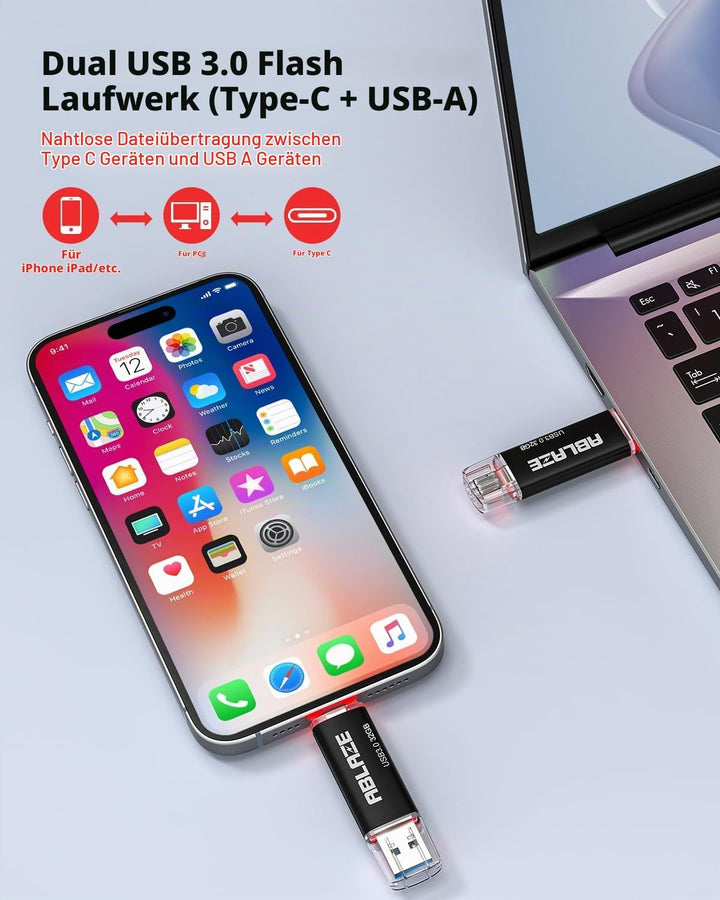 ABLAZE USB C Stick 32GB 2 Stück, Dual-USB Typ C + USB A 3.0 Speicherstick, OTG Flash Drive für Andro