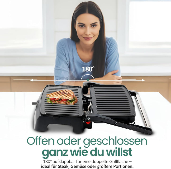 EMERIO Kontaktgrill Panini Grill Sandwichmaker Tischgrill | Grillfläche 23x14,5cm | antihaftbeschich