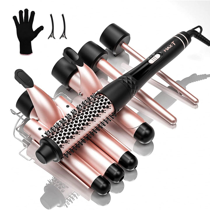 Lockenstäbe Set 5 in 1, MAX-T Lockenstab mit 3 Fässer und Multifunktion Thermal Brush, mit Verschied