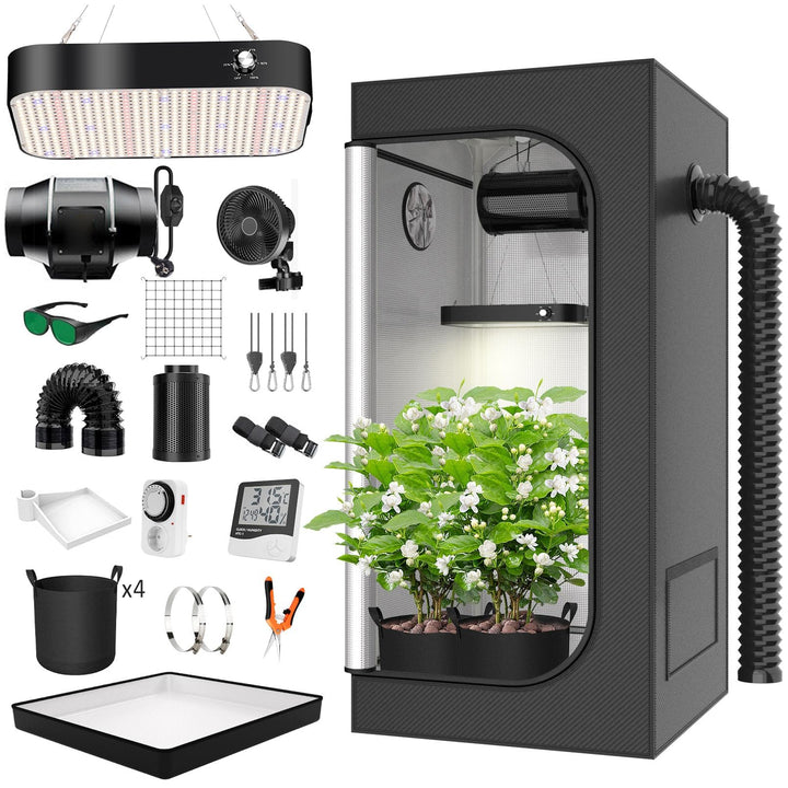 Growzelt Komplettset Led Grow Tent Kit 200W LED Vollspektrum Grow Lampe Dimmbar, 100x100x200cm GrowZ
