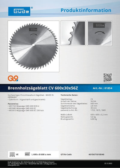 Güde 1854 Brennholzsägeblatt CV 600x30 (56 Zähne, Sägeblattbohrung 30 mm), Metall