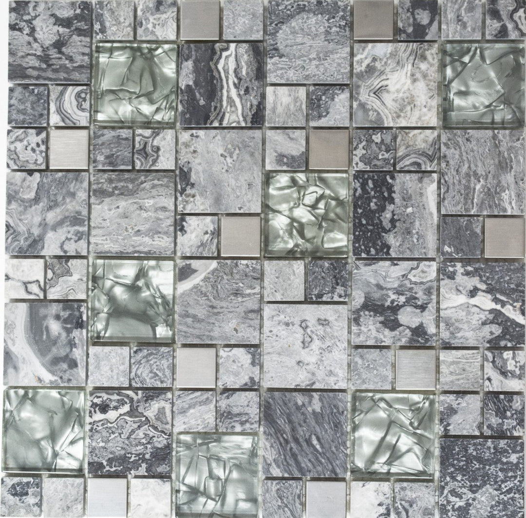 Glasmosaik Kombination Crystal/Stein/Stahl mix grau Transluzent Transparent 3D, Mosaikstein Format: