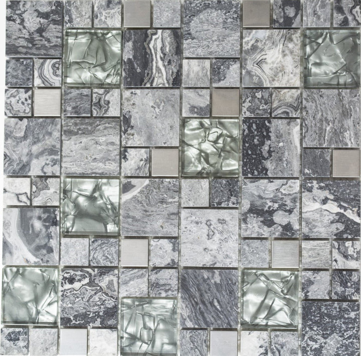 Glasmosaik Kombination Crystal/Stein/Stahl mix grau Transluzent Transparent 3D, Mosaikstein Format: