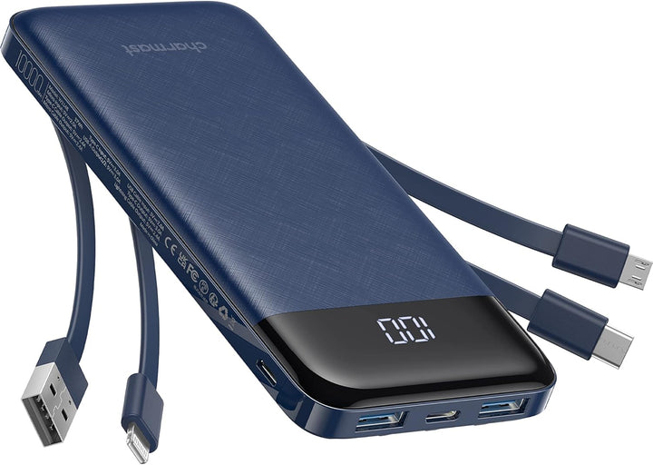 Charmast Externer Akku, 10.000 mAh, mit 4 integrierten Kabeln, tragbarer Akku, USB C, dünn, Power Ba