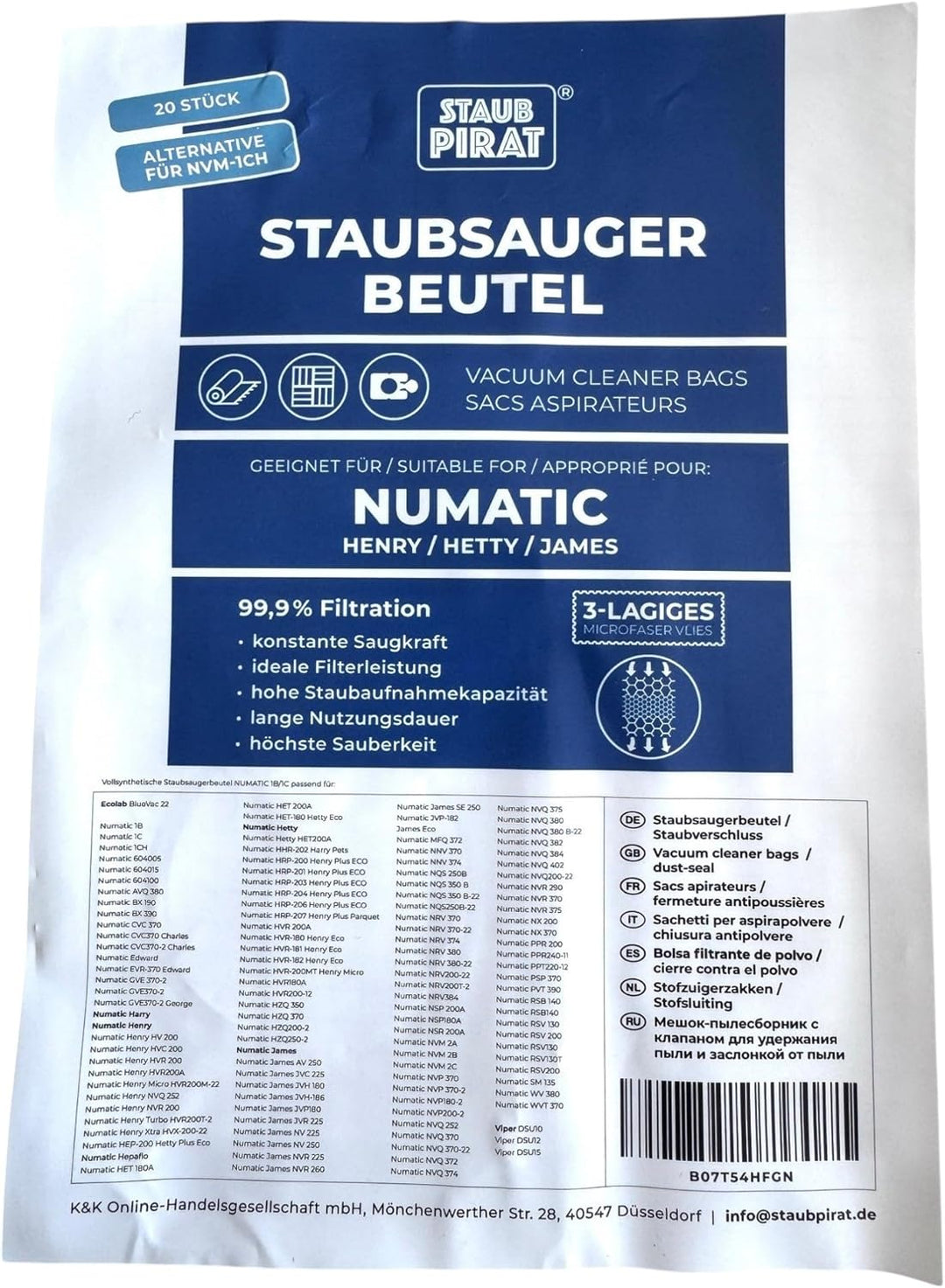 20 Staubsaugerbeutel geeignet für Numatic Henry Hetty James - wie Original Hepa Flo NVM1CH 604015
