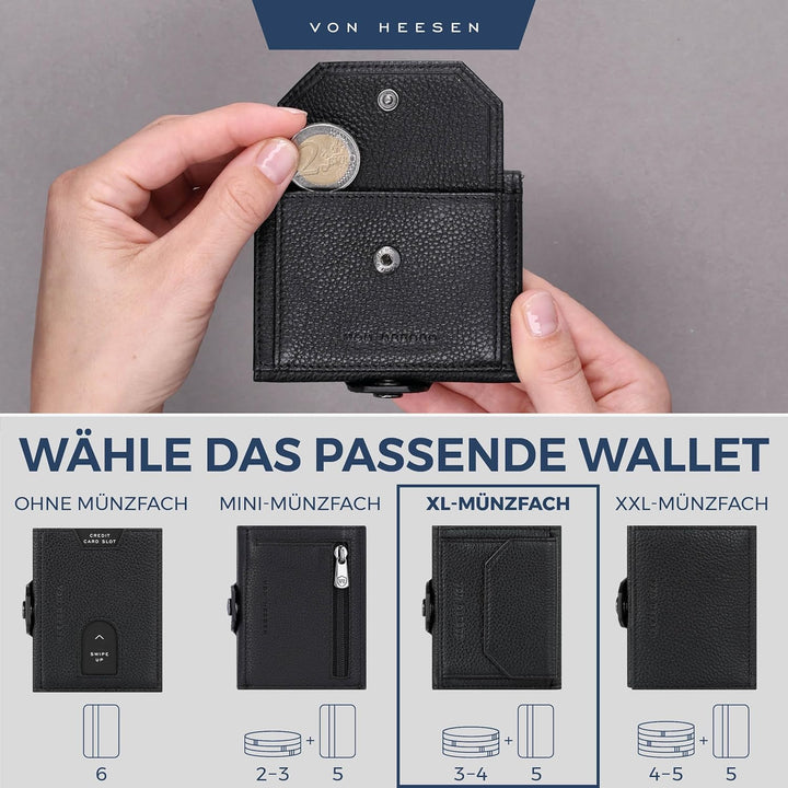 VON HEESEN Slim Wallet mit XL Münzfach & RFID Schutz - Leder Geldbörse Herren klein - Mini Geldbeute