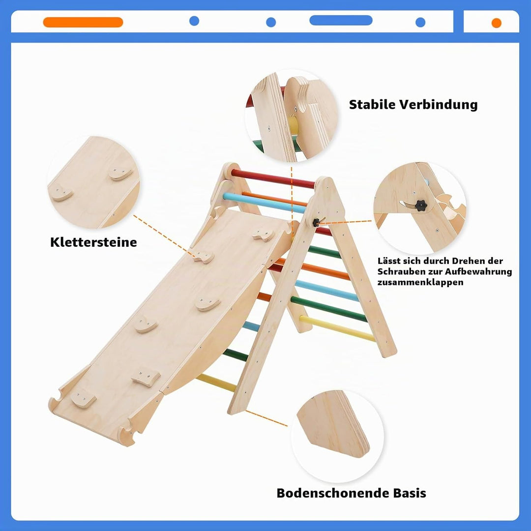5-in-1 Montessori Kletterdreieck, Klettergerüst Indoor mit Rutsche, Kletterleiter und Zeltdach, Wipp
