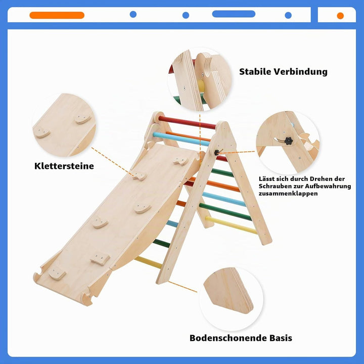 5-in-1 Montessori Kletterdreieck, Klettergerüst Indoor mit Rutsche, Kletterleiter und Zeltdach, Wipp
