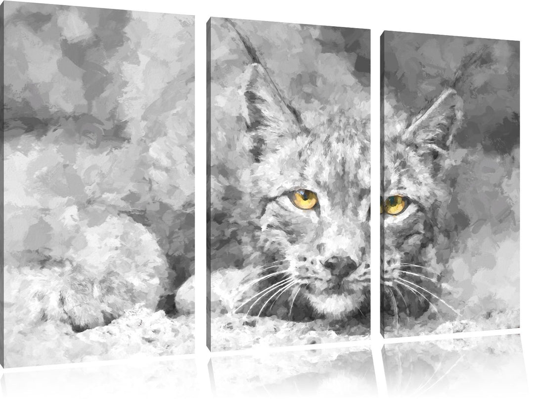 schöner wachsamer Luchs schwarz/weiss Deluxe 3-Teiler Leinwandbild 120x80 Bild auf Leinwand, XXL rie