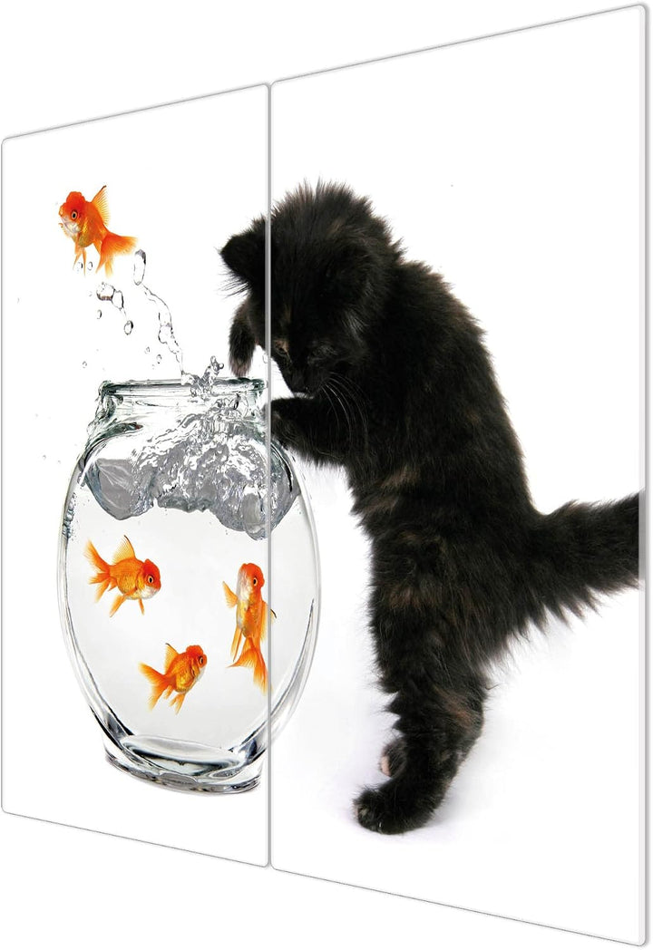 banjado® Herdabdeckplatte Glas 2-teilig je 30x52 cm/Schneidebrett Herdabdeckung mit Motiv Katze Und