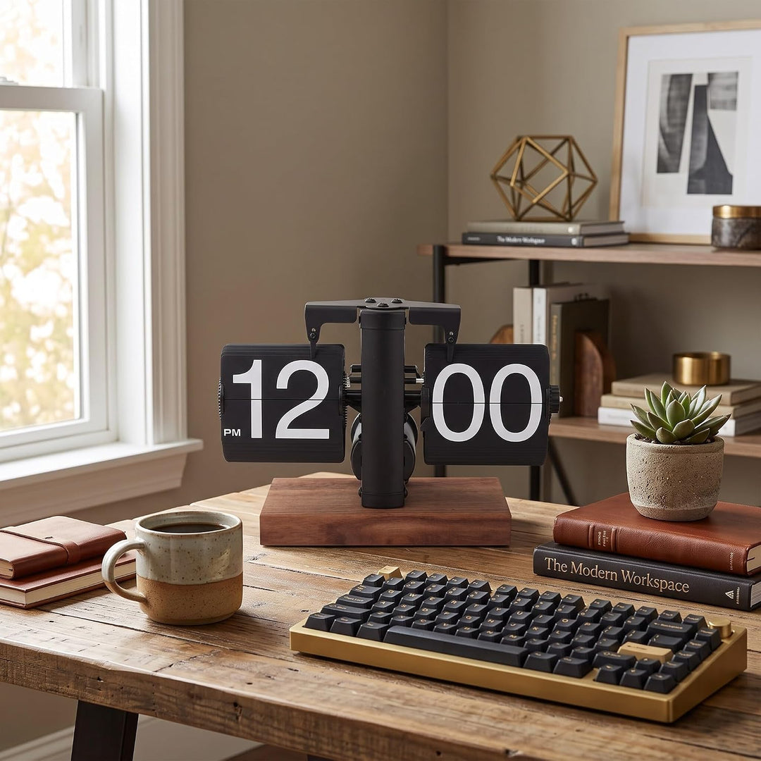 Ejoyous Retro Flip Clock, Grosse Zahlen, Einstellbarer Timer, Schwarznussmaterial, Luxusdesign, für