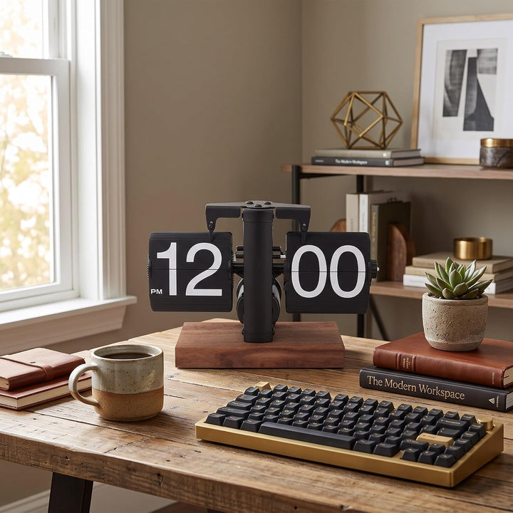 Ejoyous Retro Flip Clock, Grosse Zahlen, Einstellbarer Timer, Schwarznussmaterial, Luxusdesign, für