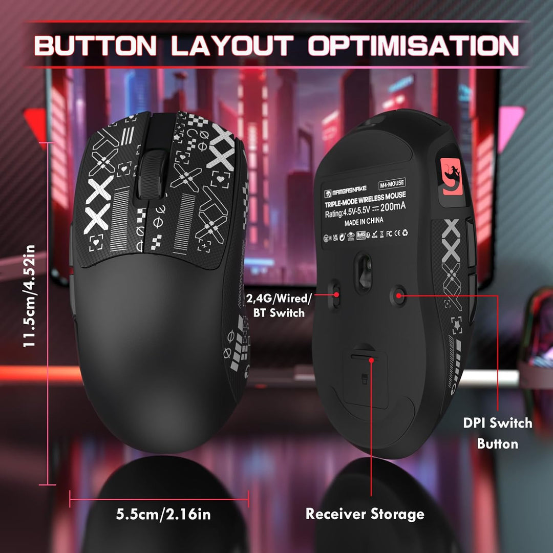 MAMBASNAKE M4 Ultra-Leichte Kabellose Gaming-Maus, 53g, PAW3311 Sensor, 24000 DPI, Tri-Mode Bluetoot
