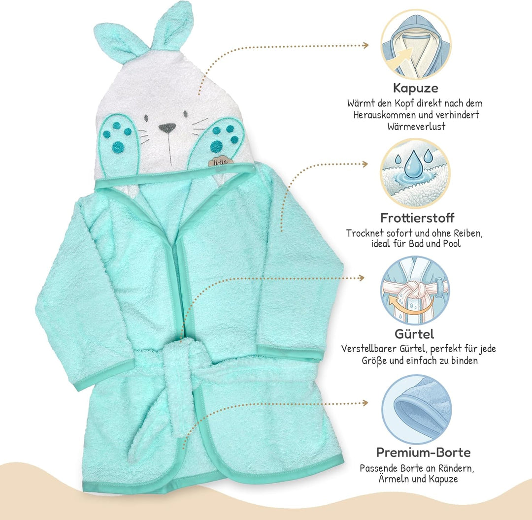 Ti TIN Kinder‑Bademantel mit Kapuze und Hasenohren – 100% Baumwolle, weich & saugfähi, Grösse 6–12 M