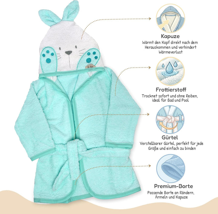 Ti TIN Kinder‑Bademantel mit Kapuze und Hasenohren – 100% Baumwolle, weich & saugfähi, Grösse 6–12 M