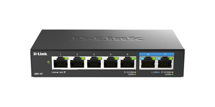 D-Link DMS-107/E 7-Port Multi-Gigabit Unmanaged Switch (2x 2,5G und 5x 1G Ports, lüfterlos, Low Prof