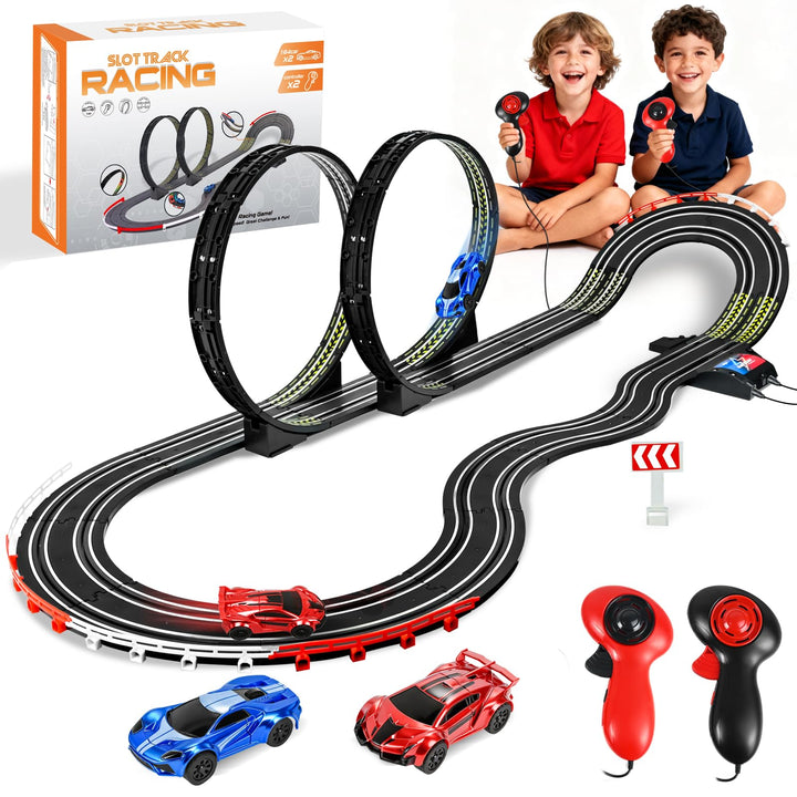 FORMIZON Elektrische Rennbahn Kinder, Doppelte Elektrische Rennstrecke Spielzeug mit 2 Handreglern,