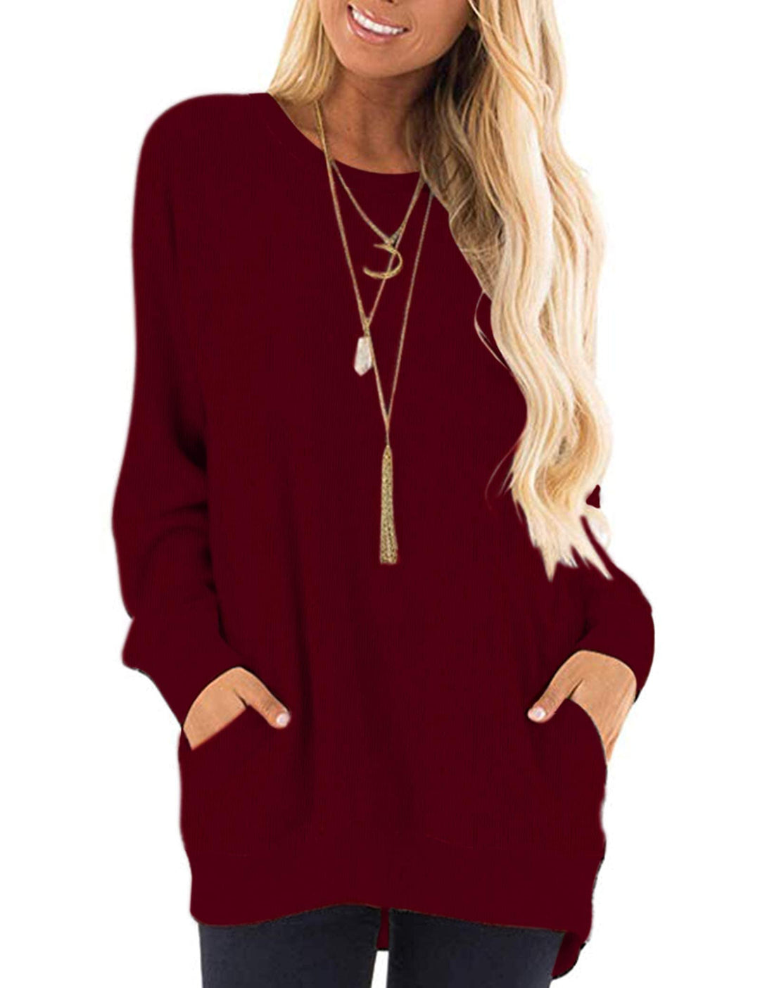 AUSELILY Damen Langarmshirts Rundhals T Shirts Blusen Tunika Sweatshirt Pullover Mit Taschen Burgund