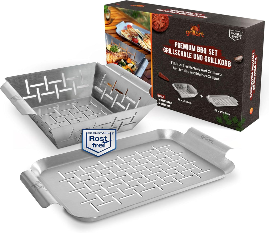 grillart® Premium Grillkorb und Grillschale Edelstahl (im Set), als Fisch-Grill und Grillschale verw