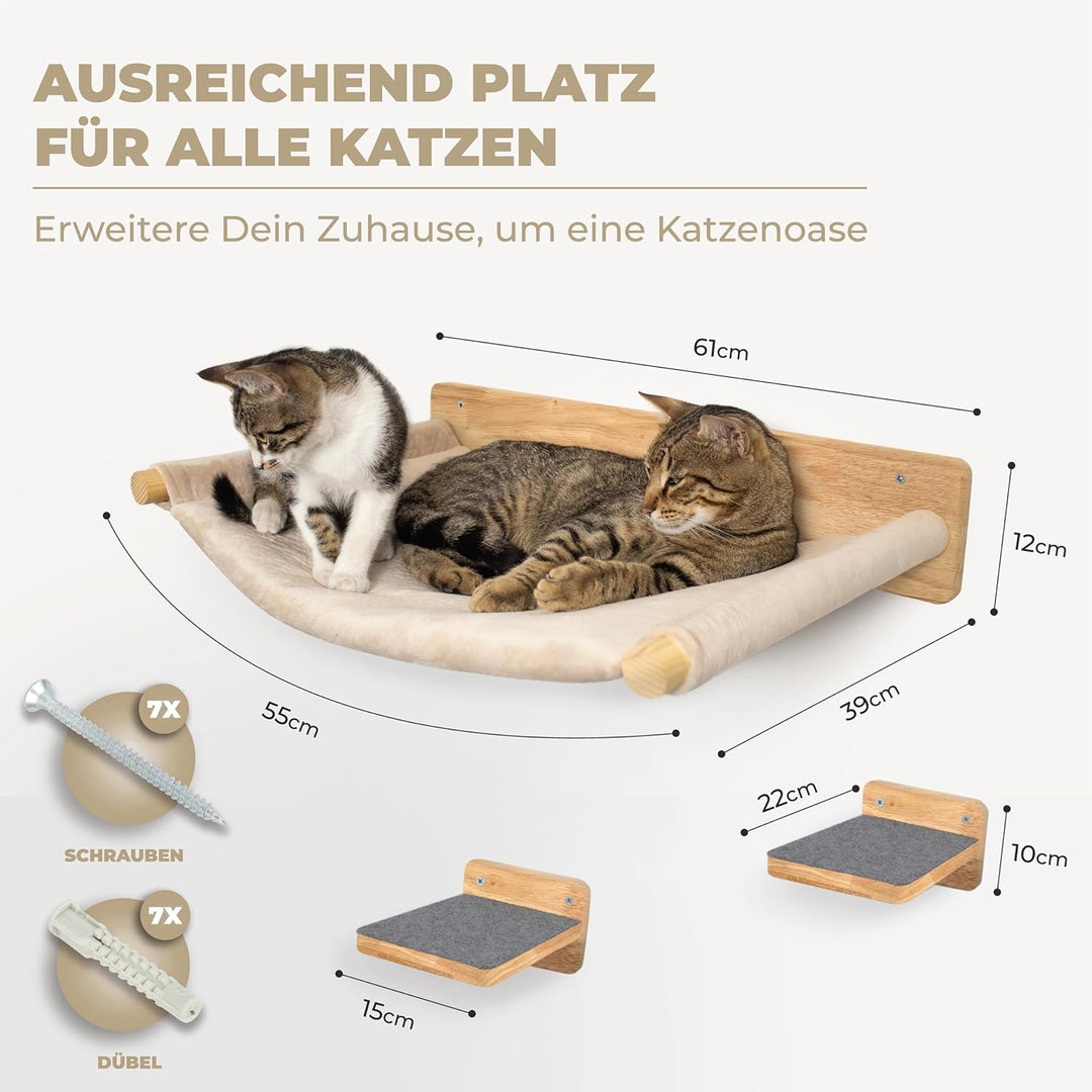 WOOWOOD® Kletterwand Katzen inkl. 2X Katzentreppe Wand [Massivholz] I Kratzbaum Wand I Hängematte Ka