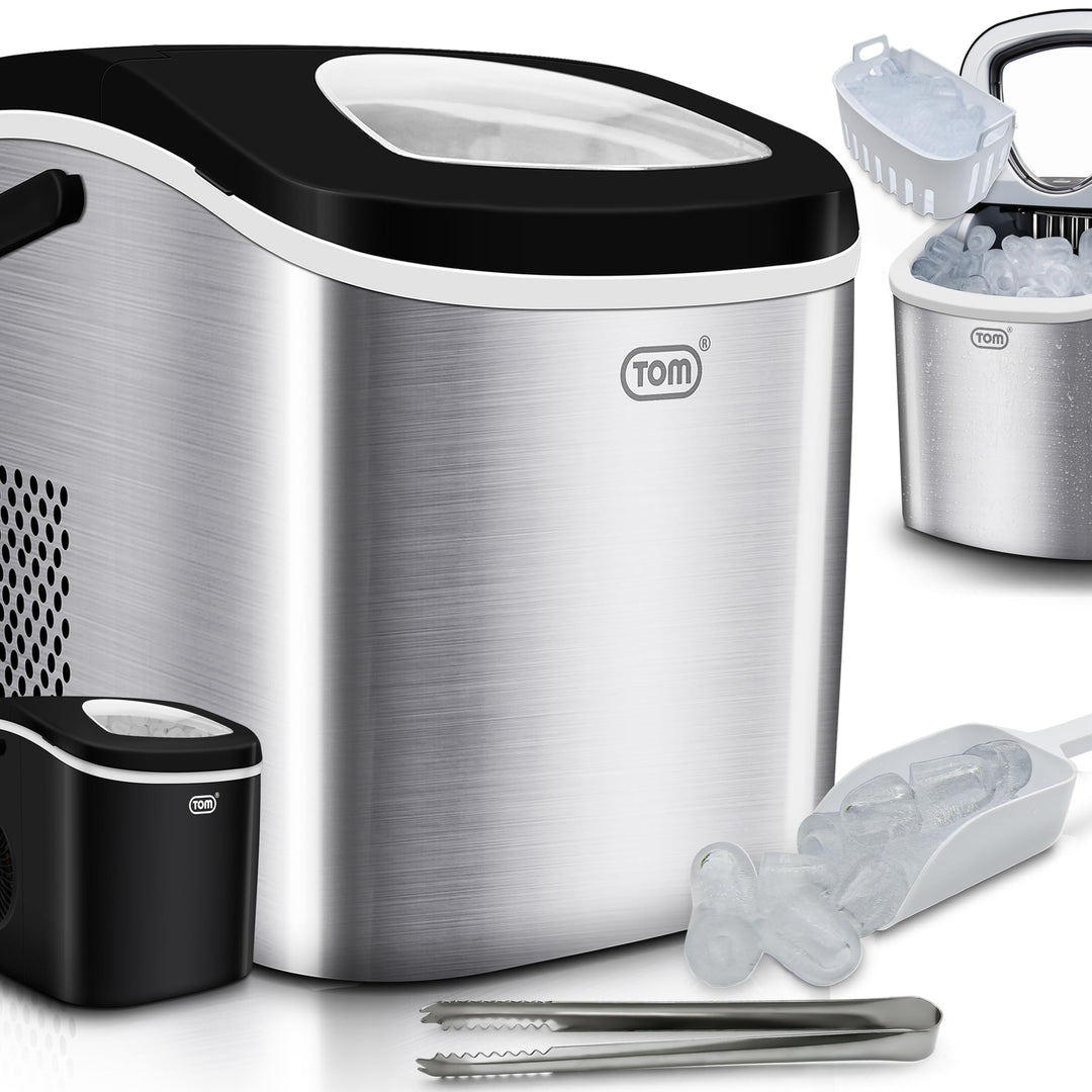 TOM Eiswürfelmaschine – 9 Eiswürfel in 6-8 min – 12 kg/24 h – 2 Würfelgrössen – Ice maker Eiswürfelm