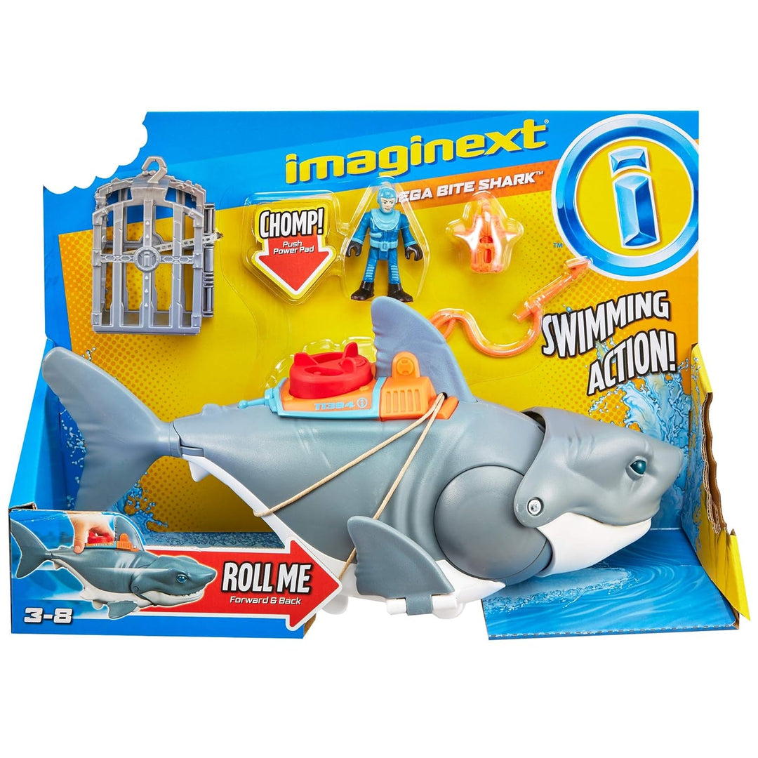 Fisher-Price Imaginext GKG77 - Grosser Spielzeug-Hai mit Taucher-Figur, Käfig und Zubehör, macht Kau
