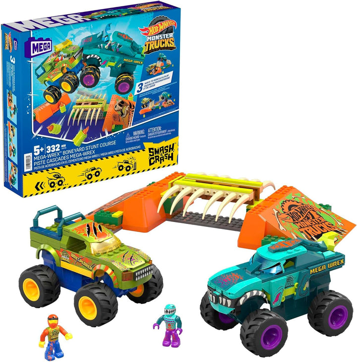 MEGA Hot Wheels Monster Trucks Bauspielzeug, Smash &amp; Crash Mega-Wrex Boneyard Stuntparcours mit 332