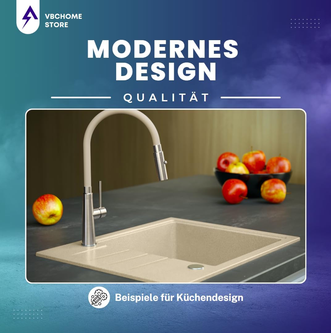 VBChome Spülbecken Granit Beige mit Armatur 55 x 44 cm Einzelbecken Einbauspüle Gesprenkelt Reversib