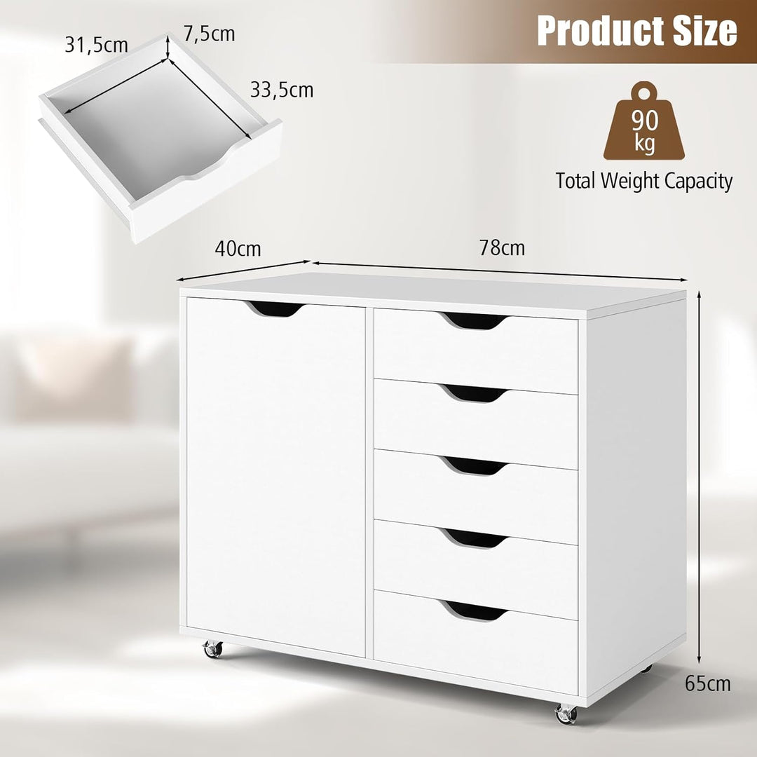 GIANTEX Rollcontainer mit 5 Schubladen & Schrank, Aktenschrank mit Rollen, Schubladenschrank Holz, D