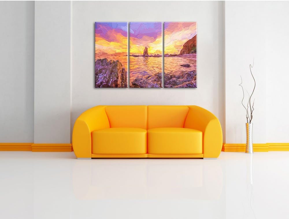 Pixxprint Küstenlinie mit schönen Sonnenuntergang Kunst Pinsel Effekt 3-Teiler Leinwandbild 120x80 B