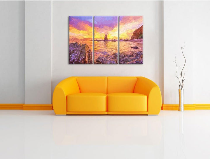 Pixxprint Küstenlinie mit schönen Sonnenuntergang Kunst Pinsel Effekt 3-Teiler Leinwandbild 120x80 B