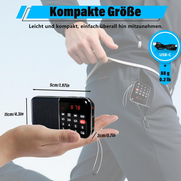Kleines Digitalradio, Mini FM Radio mit Autosuche, eingebauter wiederaufladbarer Akku und MP3-Wieder