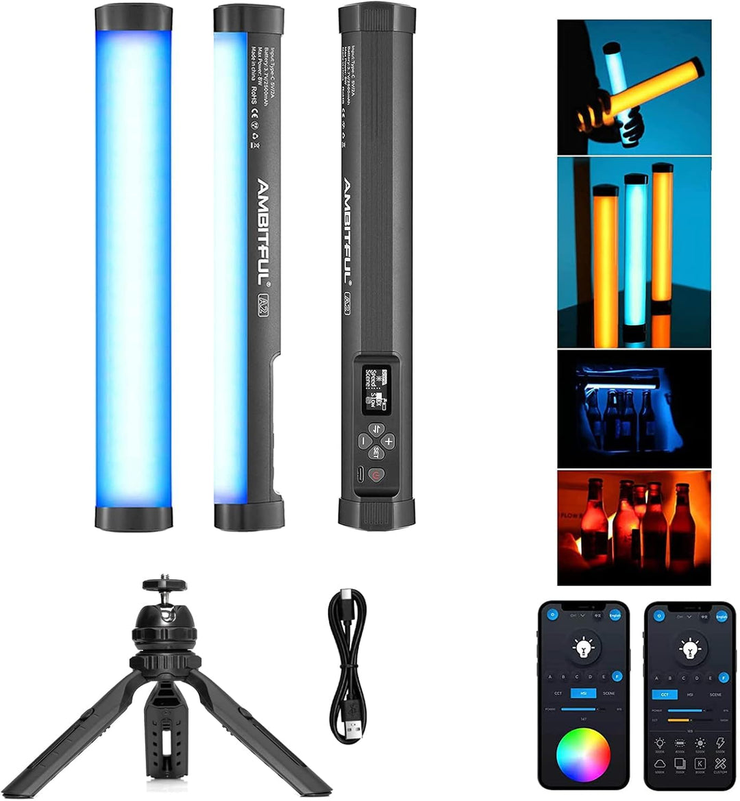AMBITFUL A2 Vollfarbiges RGB-Röhrenlicht, CRI 95 TLCI 97 Genaue Farbe, 2500K-8500K, RGB CCT HSI Modu