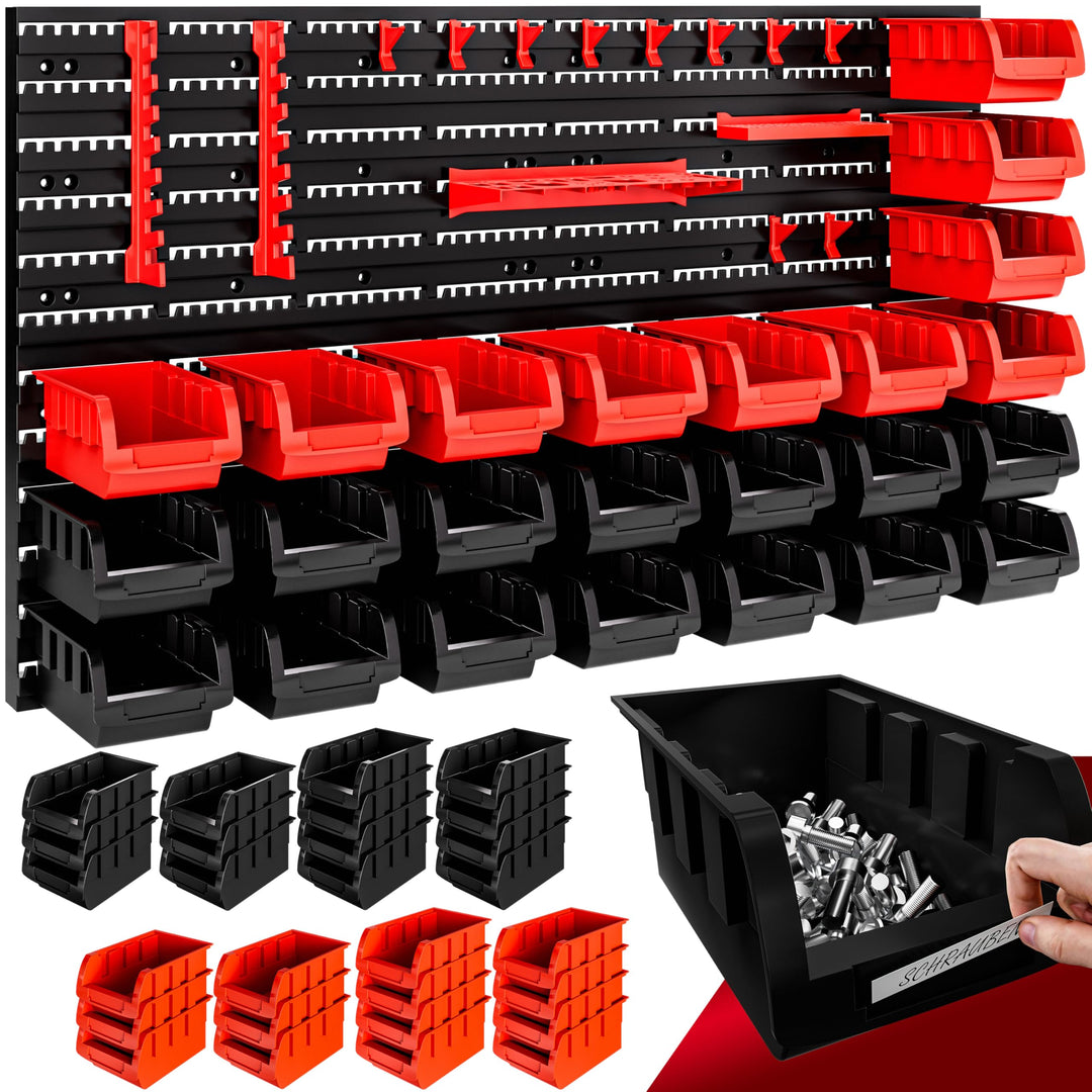 DEUBA® Wandregal mit Stapelboxen und Werkzeughalter 43 tlg Box Erweiterbar Werkstattregal Werkzeuglo
