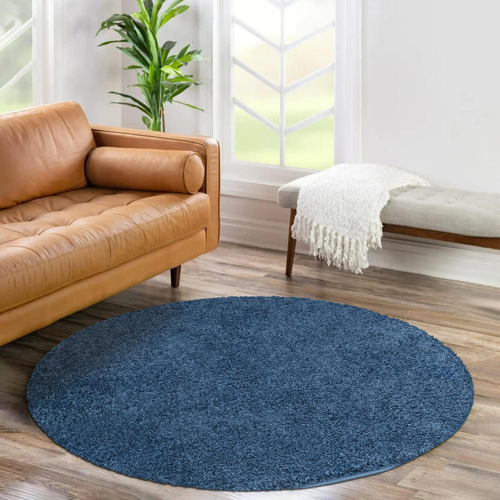 payé Teppich Rund Hochflor Shaggy - 200x200cm - Blau Einfarbig Uni Flauschig Modern Boho Wohnzimmer