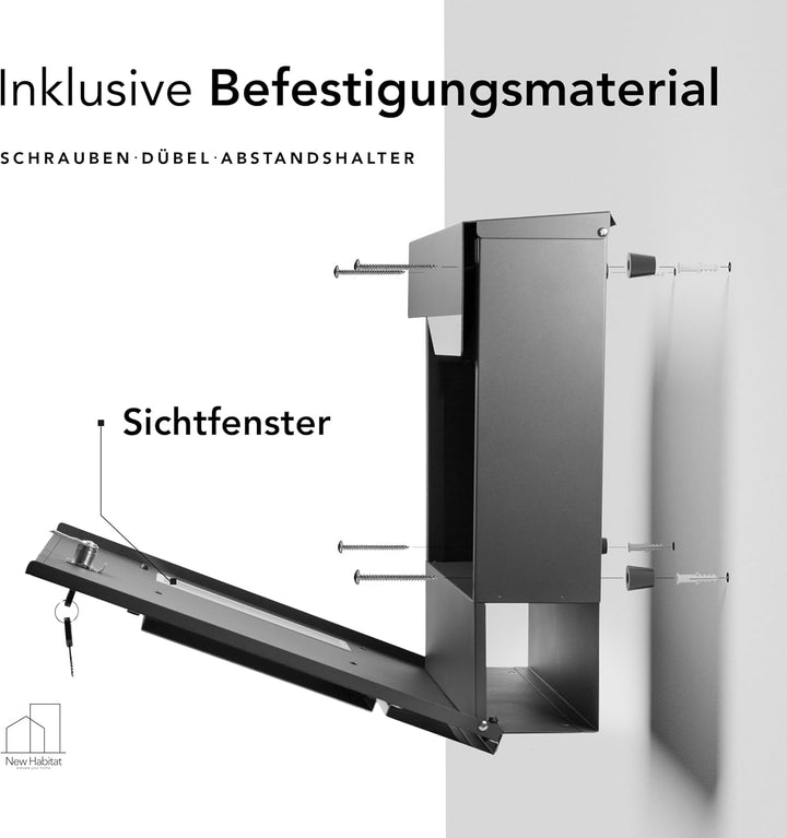 Moderner Briefkasten Personalisierbar Oslo Anthrazit RAL7016 - mit Zeitungsfach - Wandbriefkasten mi