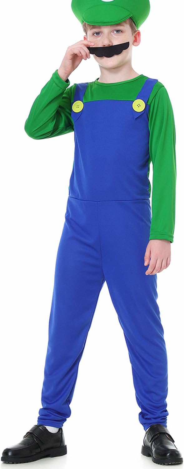 VISVIC Cosplay Kostüm Super Brothers Klempner, Kostüm mit Bodysuit, Cap und Schnurrbart, Karneval Ha