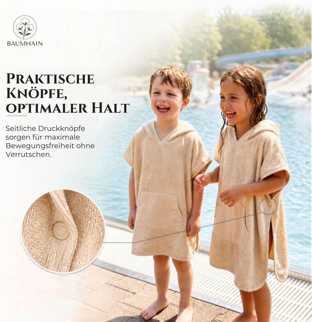 Kinder Badeponcho mit Kapuze aus 100% Baumwolle Frottee 1-4 Jahre Sandbeige, 1-4 Jahre Sandbeige