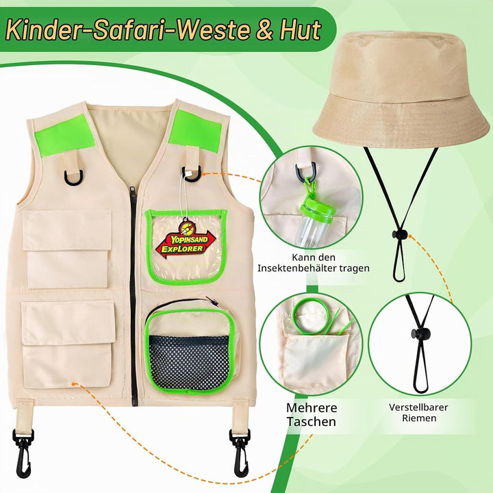 Forscherset für Kinder, Exploration Spielzeug mit Weste, Hut und Kindern Fernglas, Kindern Campingau