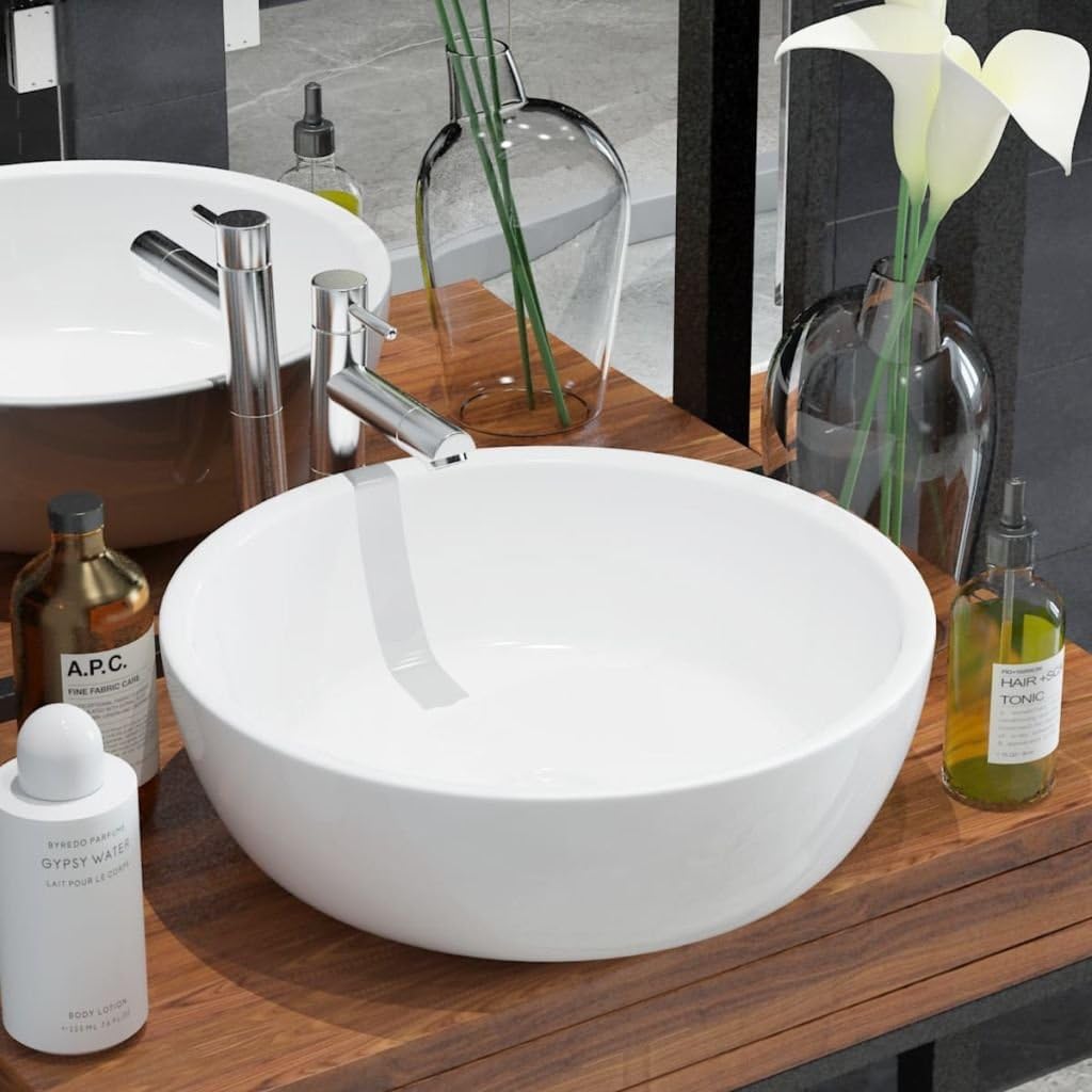 yorten Waschbecken Keramik mit Glasierter Oberfläche Waschtisch Waschplatz Waschschale Rund 42 x 12