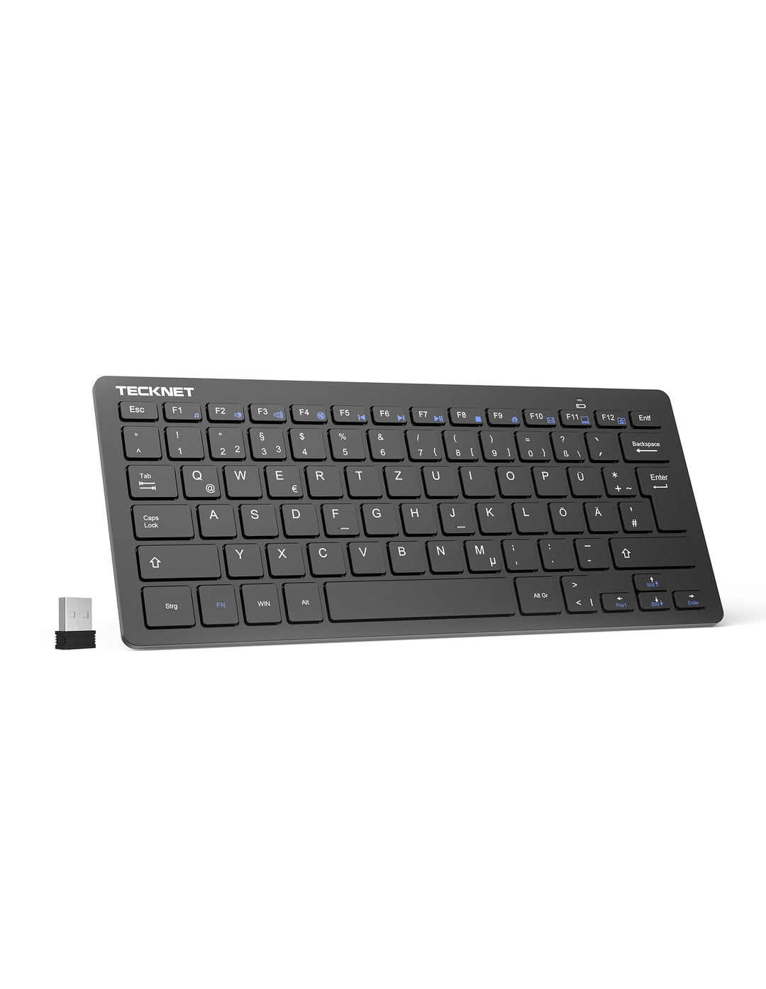 TECKNET Slim Kabellose Tastatur, Deutsches Layout, 78 Tasten Mini Wireless Tastatur mit Nano USB Emp