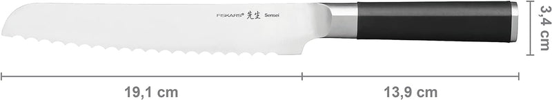 Fiskars Brotmesser mit Wellenschliff, Sensei, Gesamtlänge: 33 cm, Rostfreier Stahl mit hohem Kohlens