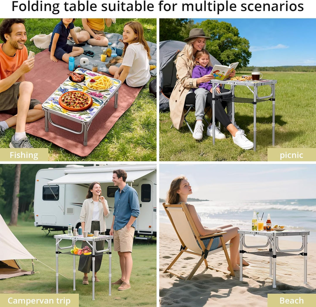 Anbte Campingtisch Klappbar 58x40cm Aluminium-Rahmen Picknicktisch 3 Höhen Verstellbar 26/48/70cm MD