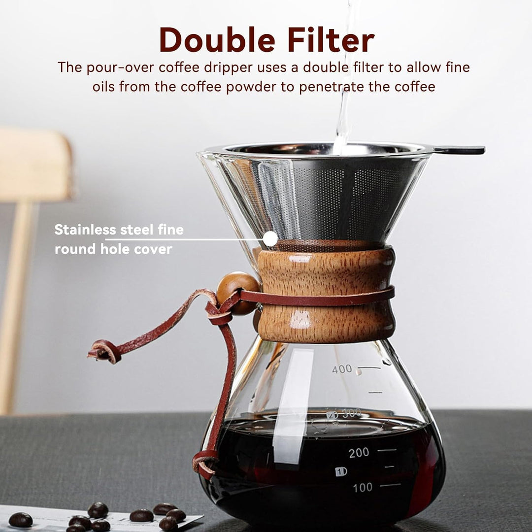 HERCHR Pour Over Kaffeebereiter Hand Kaffee Edelstahl Handfilter Aus Glas Mit Permanentfilter 400ML,