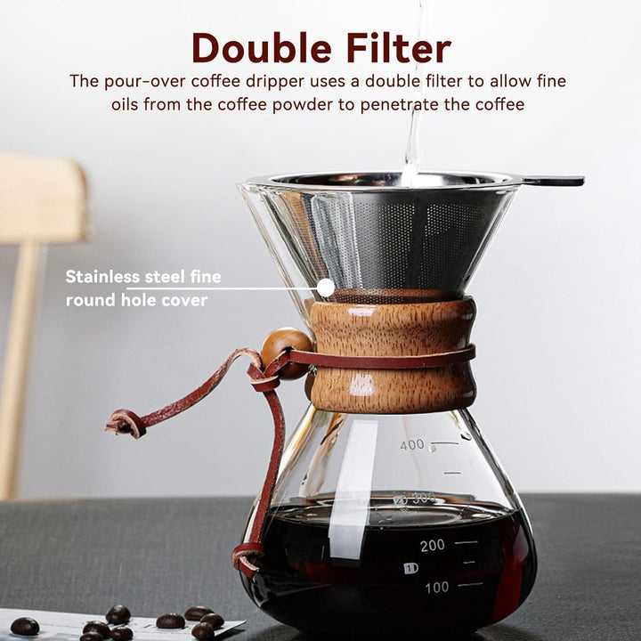 HERCHR Pour Over Kaffeebereiter Hand Kaffee Edelstahl Handfilter Aus Glas Mit Permanentfilter 400ML,