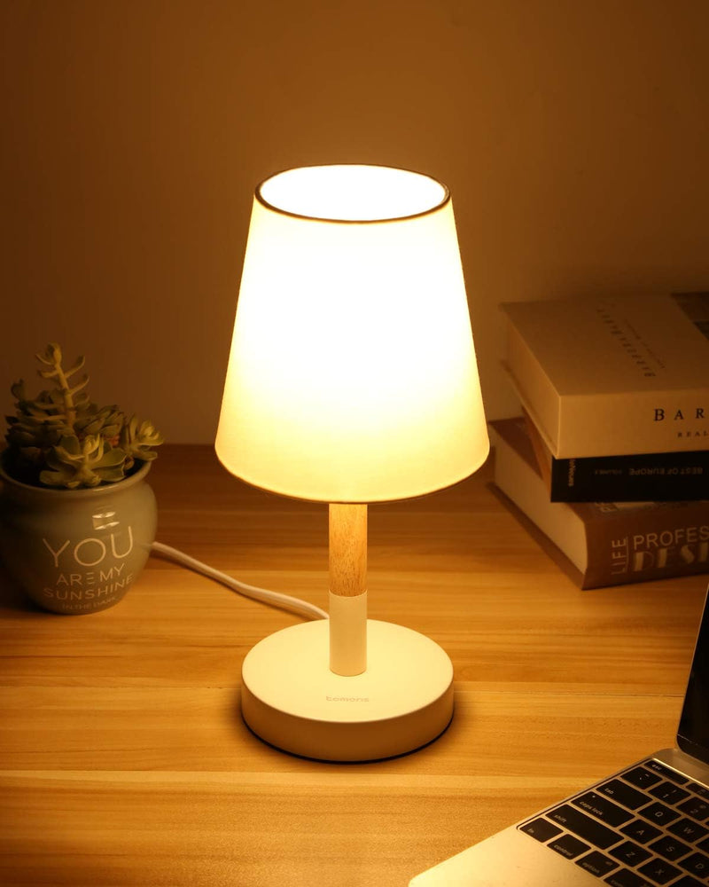 Tomons Nachttischlampe LED 2er Set Holz, LED Tischleuchte mit Stoffschirm für Schlafzimmer, Wohnzimm